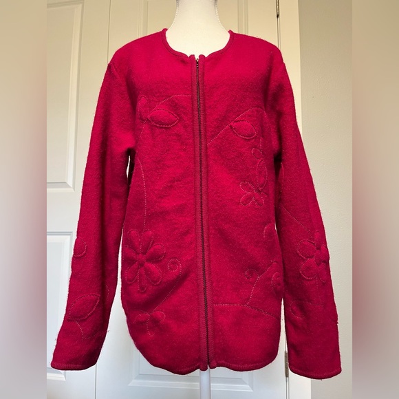 Tally Ho Womens Wool Full Zip Jacket Pink L Cardigan Sweater Floral Embroidered - Picture 1 of 16